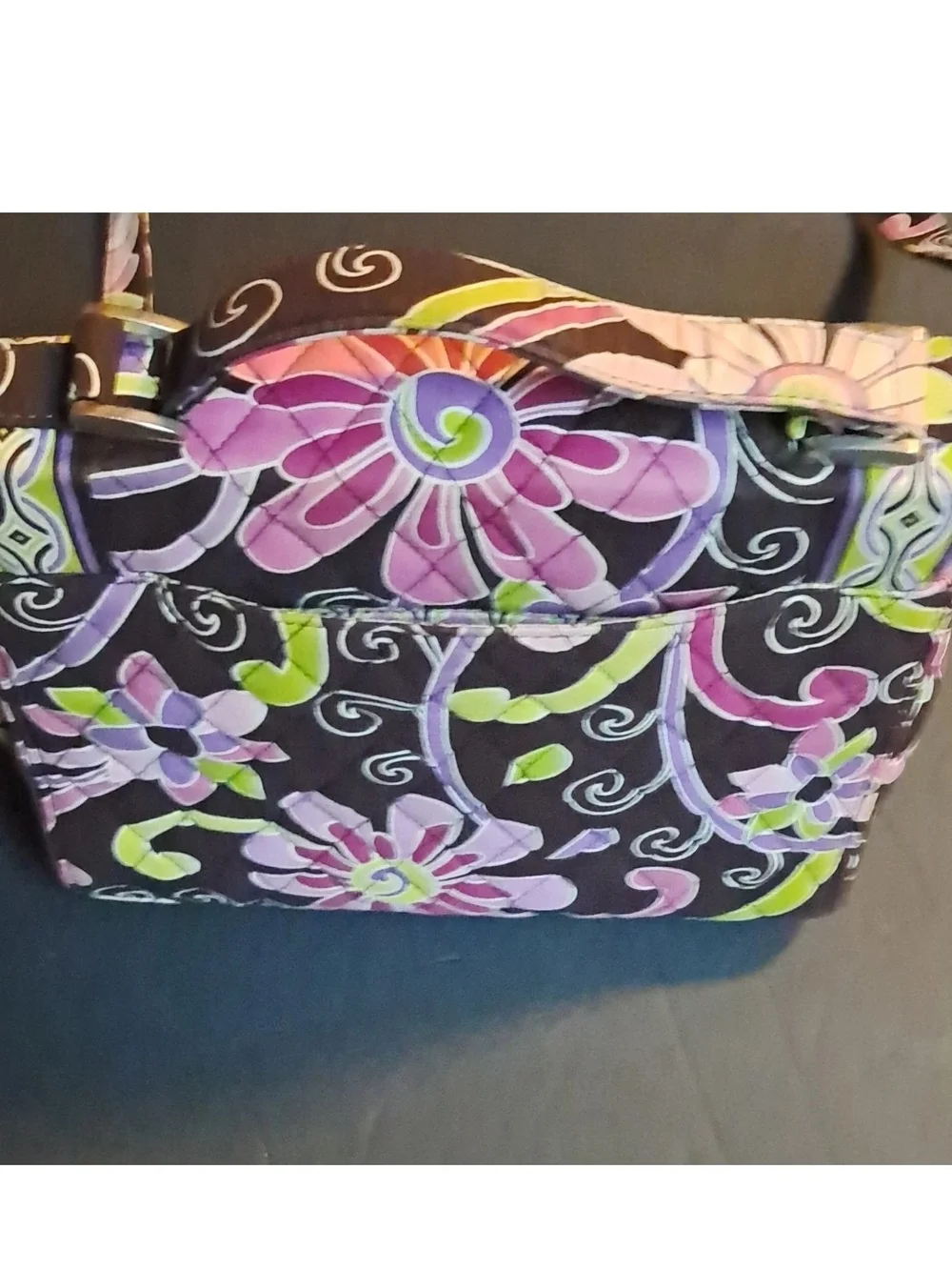 Vera Bradley Floral Brown Quilt Purple Green Shoulder Bag Turn Lock Zip, Pockets